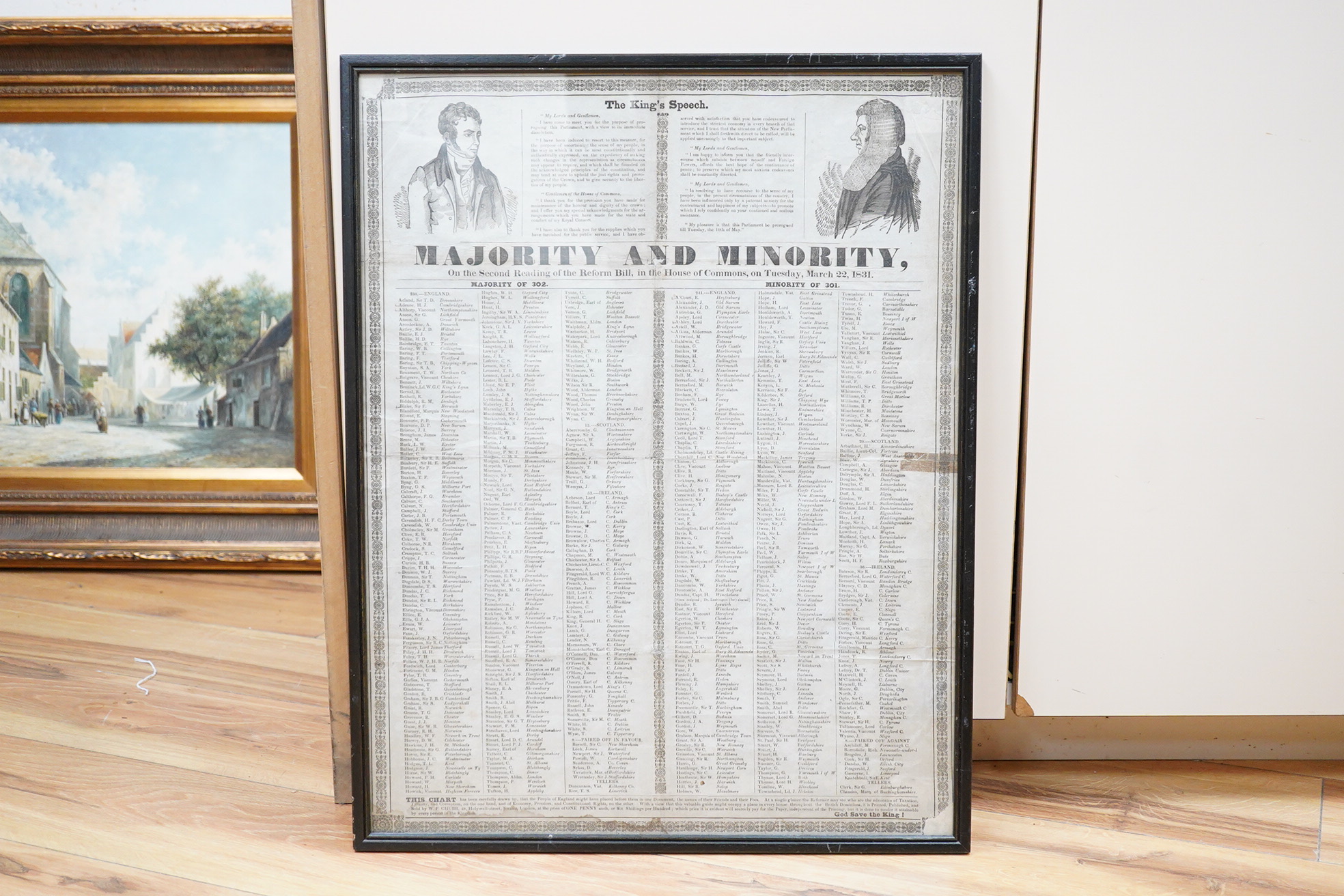 A framed Majority and Minority list of The House of Commons members voting pattern for 1831 Reform Act, 41cm x 54cm high